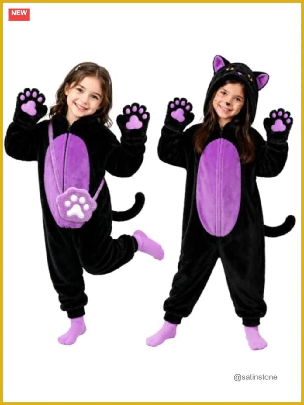 Kids Black Cat Costume with Purse Halloween Dress Up Role Play Flannel